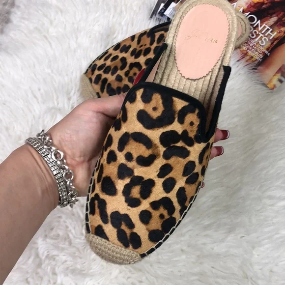 J Crew Calf Hair Leopard Slip On Espadrilles Mules Shoes Flats - Picture 5 of 13